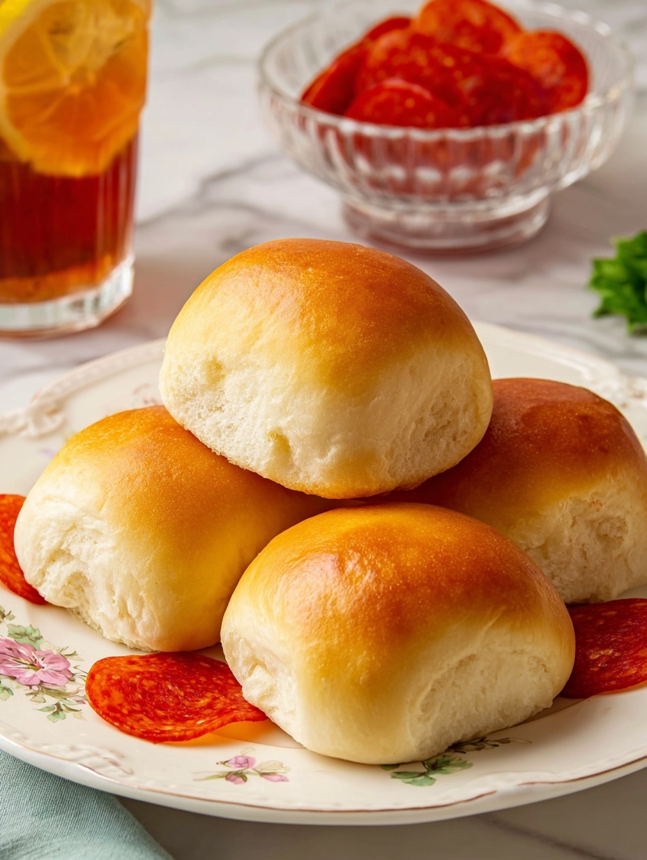 The image shows a white plate with ornate patterns, holding five golden brown rolls with a smooth, shiny crust. Each roll has a soft, slightly puffy texture with rounded edges and a sealed end visible. Around the rolls, thin bright red slices of pepperoni add contrast, with some slices slightly curled. A clear bowl filled with more pepperoni slices is in the background on the left, and a mason jar filled with iced tea with lemon slices sits behind the plate on the right. A bright green sprig of fresh parsley is placed on the left side of the plate, all set on a white marbled surface. Photo taken with an iphone --ar 2:3 --v 7
