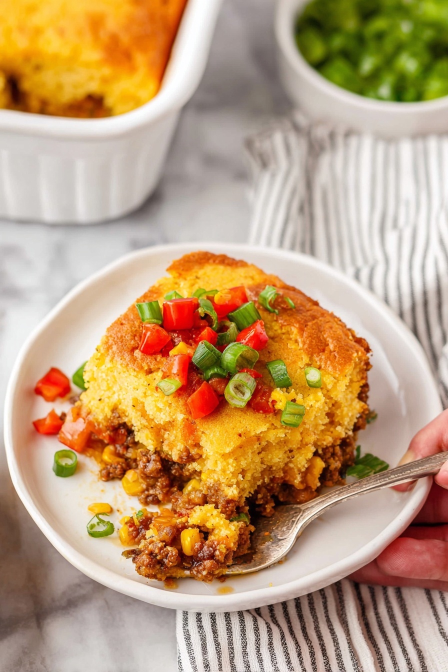 A white plate holds a layered casserole piece with a golden, crumbly top layer, mixed with cooked ground meat and soft yellow cornbread inside. Bright red diced bell peppers and chopped green onions are sprinkled on top and around the dish, adding fresh color. The plate rests on a white marbled surface with a silver fork and striped cloth napkin nearby. In the background, another white plate with a similar casserole piece is partly visible, slightly out of focus. Photo taken with an iphone --ar 2:3 --v 7