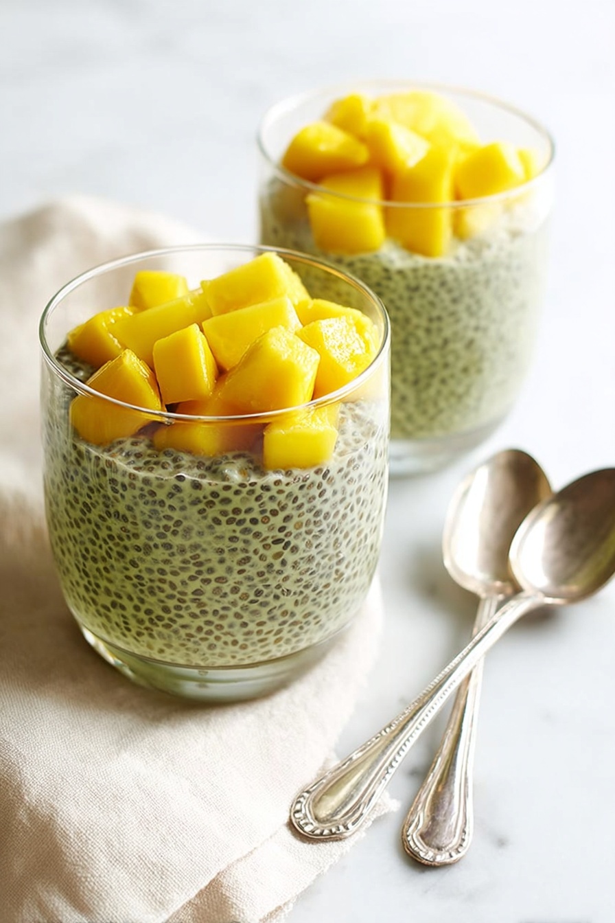 Two clear glass cups are placed on a white marbled surface, each filled with two layers: a bottom layer of greenish chia pudding with visible tiny seeds giving a textured look, and a top layer of bright yellow mango cubes neatly piled on top. A soft beige cloth is casually draped beside the cups, and two shiny silver spoons lie beside them, all lit by soft natural light. photo taken with an iphone --ar 2:3 --v 7