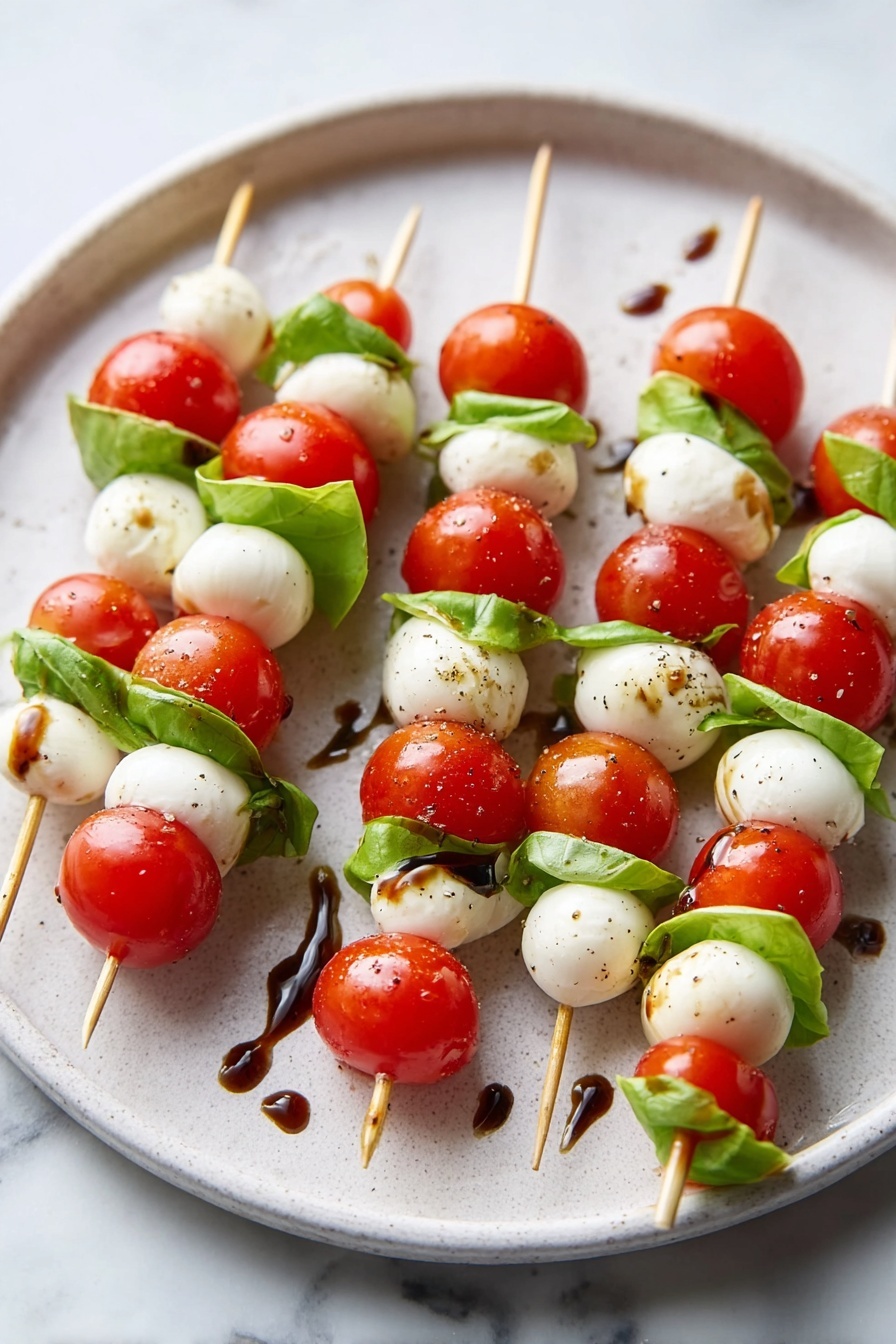 The image shows eight skewers arranged on a white plate with a light grey tint, all placed on a white marbled surface. Each skewer has three layers repeated from top to bottom: a bright red cherry tomato, a fresh green basil leaf with a smooth texture, and a round white mozzarella ball with a soft and smooth surface. The skewers are drizzled with a dark brown balsamic glaze that adds shine and contrast. The layer order on each skewer is consistent, and the plate is viewed from above with soft natural lighting. photo taken with an iphone --ar 2:3 --v 7