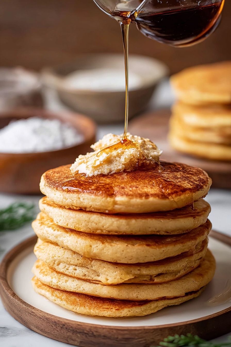 A stack of six golden-brown pancakes sits on a white plate, each pancake showing a soft and fluffy texture with slight browning on the edges. On top of the stack, two rounded dollops of creamy butter with a light dusting of cinnamon rest, slowly melting. Warm honey is being poured from a white pitcher, streaming down over the butter and pancakes, adding a shiny, amber glaze as it drips down the sides. The scene is set against a white marbled texture with blurred background objects including more pancakes and a cup of dark coffee. Photo taken with an iphone --ar 2:3 --v 7
