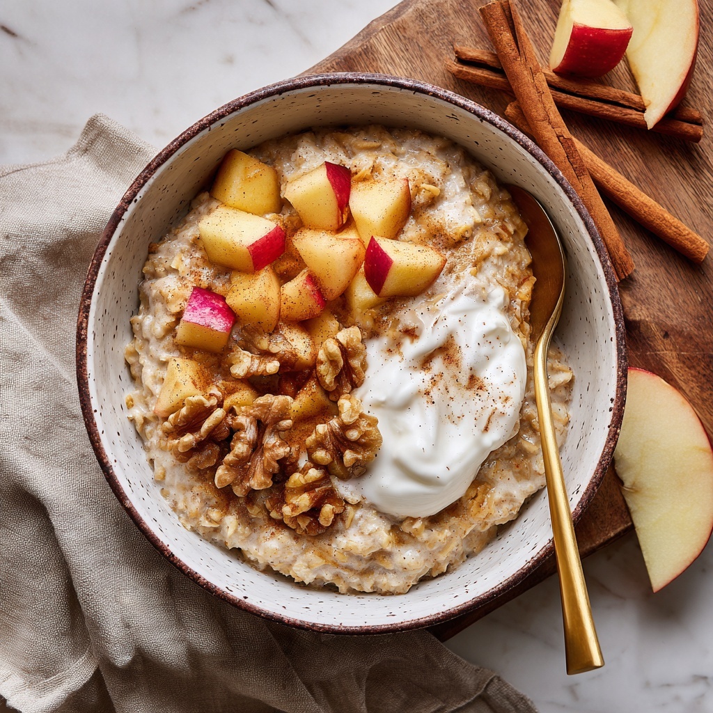 A bowl filled with creamy oatmeal with visible small apple pieces mixed inside, topped on one side with small cooked apple chunks showing red skin, next to a dollop of white yogurt, and a cluster of whole walnuts. The bowl is speckled with brown and beige tones, sitting on a wooden board with thin apple slices and cinnamon sticks around it. A gold spoon is placed inside the bowl, resting on a neutral beige cloth on a white marbled surface. photo taken with an iphone --ar 2:3 --v 7