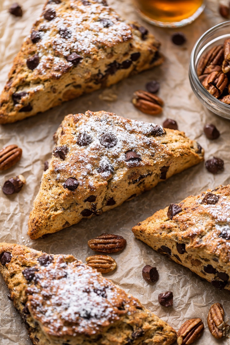 Three triangular scones are shown close up, each with a golden brown, slightly rough surface dotted with dark melted chocolate chunks and small nut pieces. The scones have a light dusting of white powdered sugar on top, adding a soft contrast to the rich browns. The texture appears crumbly and dense with visible cracks and uneven edges. They are placed on crumpled parchment paper that sits on a white marbled surface. photo taken with an iphone --ar 2:3 --v 7