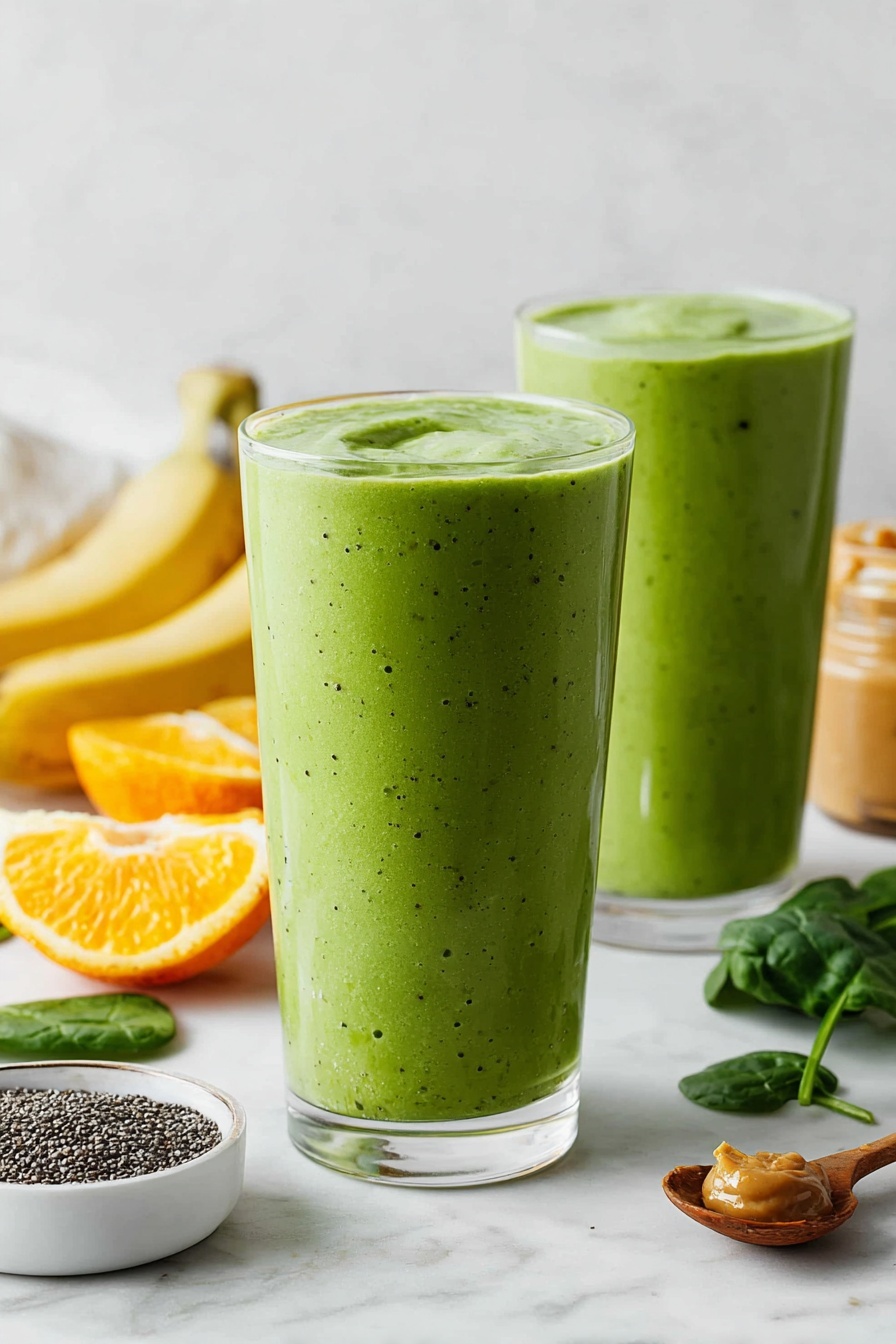 Two tall clear glasses filled with smooth, thick bright green smoothies sit on a white marbled surface. The smoothies have a creamy texture with tiny dark specks visible. In the background, there are blurred yellow bananas, a small white bowl with black chia seeds and a wooden spoon, fresh green spinach leaves, and a peeled orange with some segments placed next to it. The setting looks fresh and healthy with natural light. Photo taken with an iphone --ar 2:3 --v 7