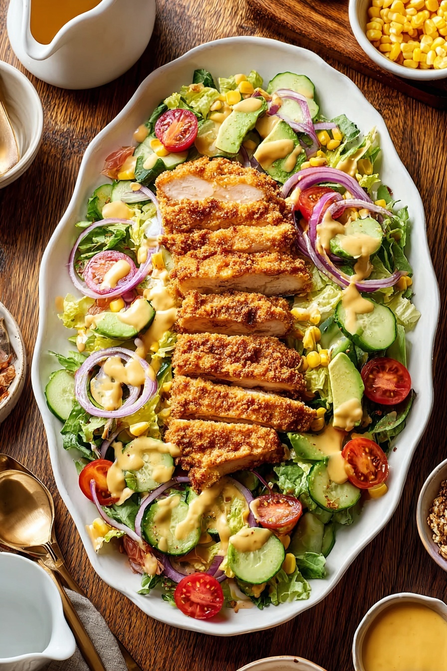 A white plate holds a salad with layers of leafy green lettuce as the base, topped with bright red cherry tomato halves, light green avocado chunks, thin pale green cucumber slices, and rings of purple onion scattered on top. On the center are pieces of crispy, golden-brown breaded chicken, sliced to show the white inside, drizzled with light yellow dressing. Small bits of crispy brown bacon and yellow corn kernels are sprinkled evenly throughout. Around the plate are small white bowls with honey, creamy mustard-yellow dressing, and cooked corn on a white marbled surface, with a woman's hand holding a golden spoon resting on the salad. photo taken with an iphone --ar 2:3 --v 7