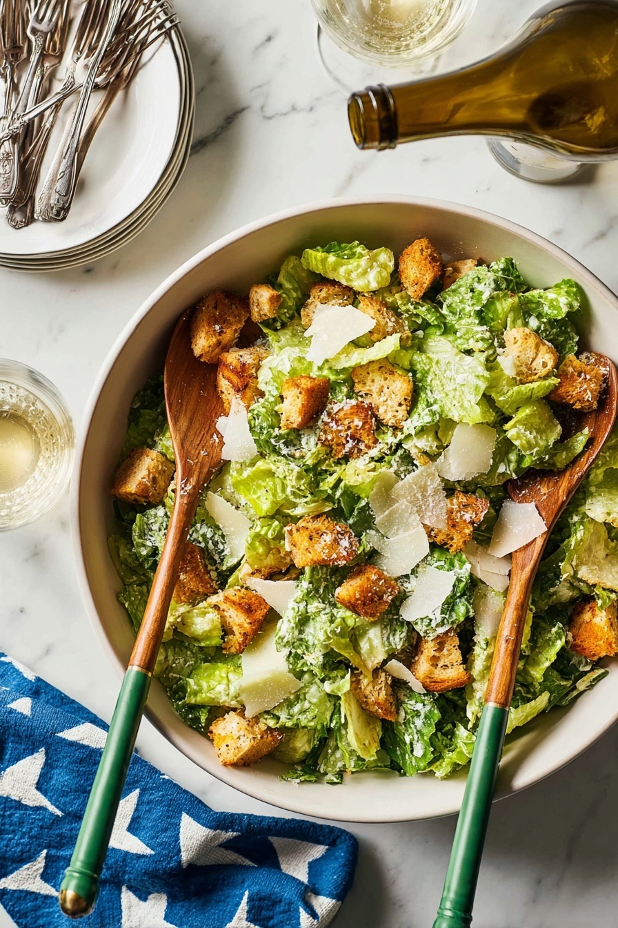A large white bowl filled with a fresh salad showing three main layers: the bottom layer is bright green romaine lettuce leaves, torn into pieces; the middle layer has many small golden brown croutons scattered evenly; the top layer features thin, pale yellow cheese shavings spread lightly over the salad. Two wooden salad spoons with green handles rest inside the bowl. The bowl sits on a white marbled surface, next to it are stacked white plates with three metal forks on top, and a glass filled with light yellow liquid being poured from a green bottle. photo taken with an iphone --ar 2:3 --v 7