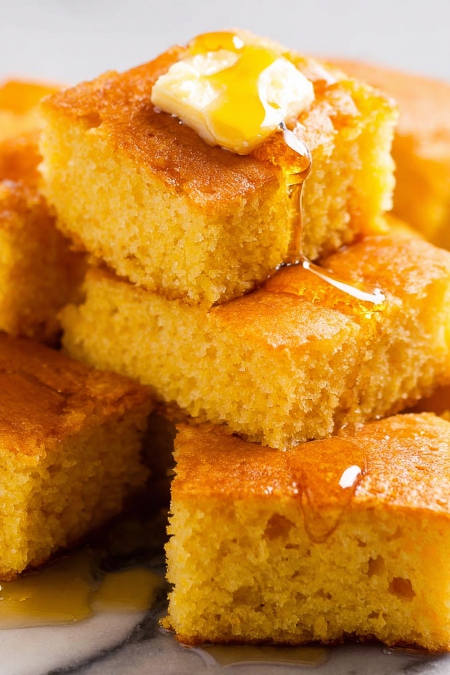 The image shows a close-up of a piece of golden cornbread square sitting on top of other cornbread squares. The top layer has a small melting pat of butter in the middle, glossy with honey or syrup dripping down its sides. The cornbread has a soft and crumbly texture with a slightly browned crust around the edges. The background is softly blurred with similar cornbread pieces. The whole scene is set on a white marbled surface. photo taken with an iphone --ar 2:3 --v 7