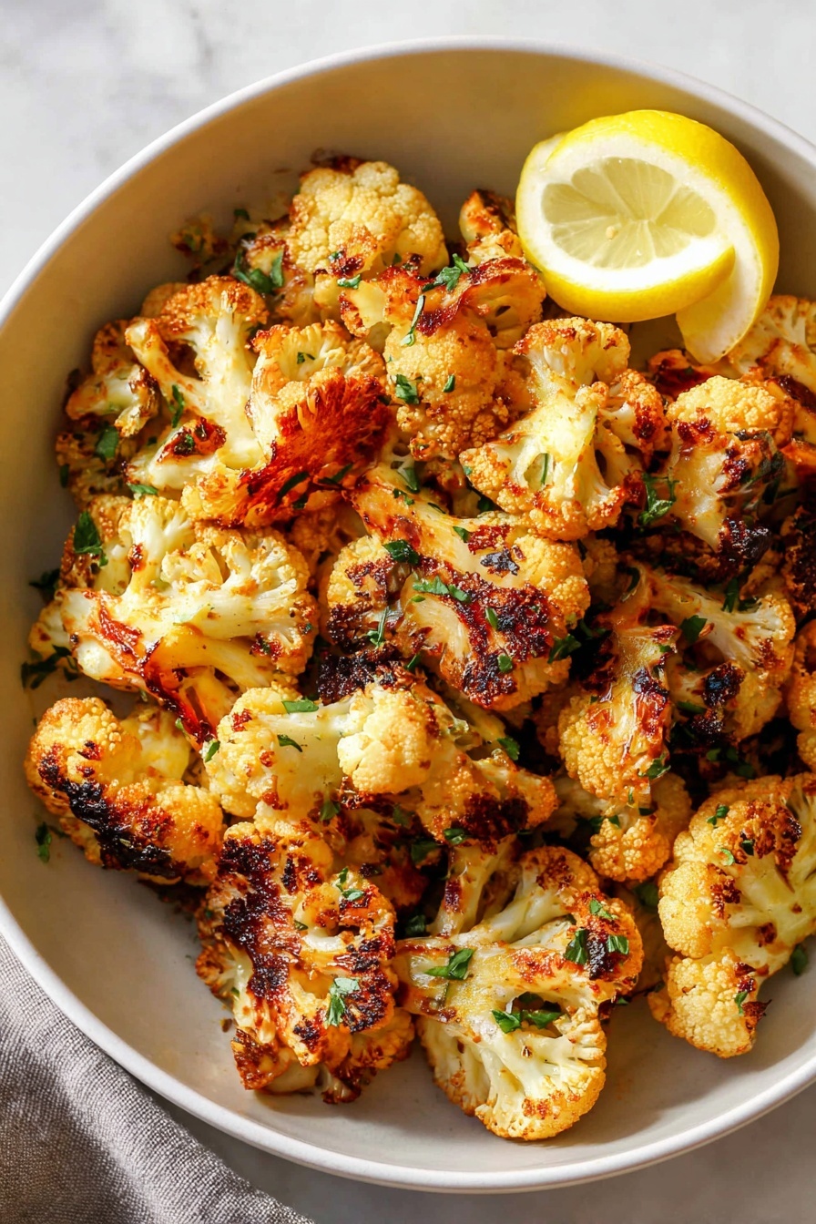 A white bowl filled with multiple pieces of roasted cauliflower that are golden brown with some dark charred edges, giving a crispy texture. The cauliflower pieces have a mix of light orange and white colors with visible seasoning and chopped green herbs sprinkled on top. A bright yellow lemon wedge is placed in the upper right side of the bowl. The bowl sits on a white marbled surface, and the scene is brightly lit with natural light. Photo taken with an iphone --ar 2:3 --v 7