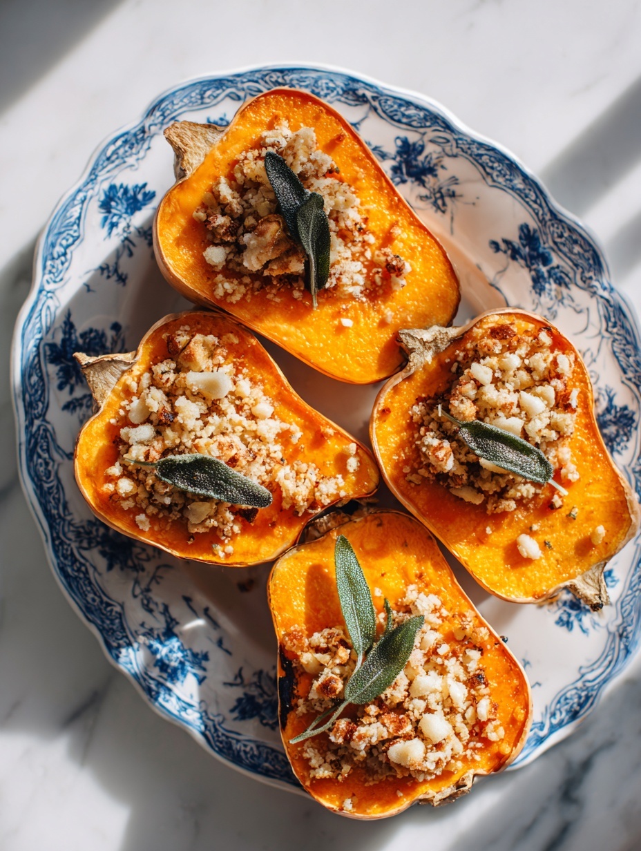 This image shows five halves of roasted butternut squash placed closely on a white plate with blue floral patterns, set on a white marbled surface. Each squash half has a bright orange, soft interior filled with a crunchy topping of golden-brown crumbs and small chopped nuts, scattered evenly over the surface. Thin sage leaves, dark green and slightly crisp, are laid on top of the crumb topping, adding texture and color contrast. The light reflects warmly on the squash, highlighting their caramelized edges, while a glass of amber liquid appears in the background. photo taken with an iphone --ar 2:3 --v 7