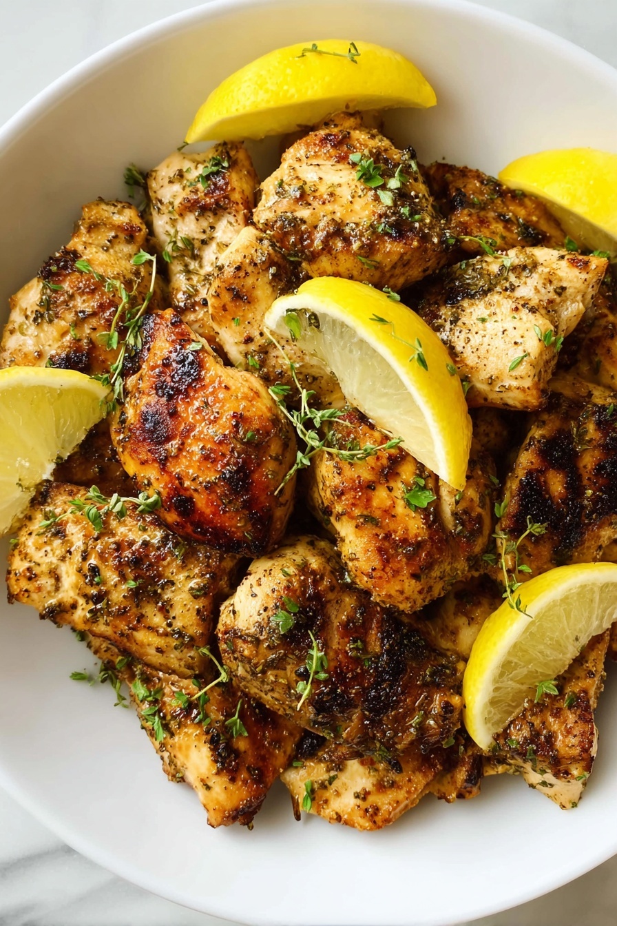 This image shows a white plate filled with many pieces of cooked chicken, browned and grilled with a slightly charred texture. The chicken pieces are golden to dark brown, giving a juicy look with some crispy edges. Small bright green chopped herbs are sprinkled evenly over the chicken. There are also several lemon slices placed on top and around the chicken, showing a fresh yellow color with a slight shine. The plate rests on a white marbled surface. photo taken with an iphone --ar 2:3 --v 7