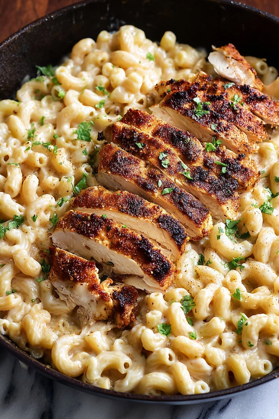 A black pan filled with creamy, light beige macaroni pasta covers the base, sprinkled with small green herb pieces. On top, a sliced grilled chicken is placed in the center, showing a golden brown, slightly crispy skin with dark grill marks and tender white meat inside. The chicken slices fan out evenly over the pasta. The whole dish is set against a white marbled surface. photo taken with an iphone --ar 2:3 --v 7