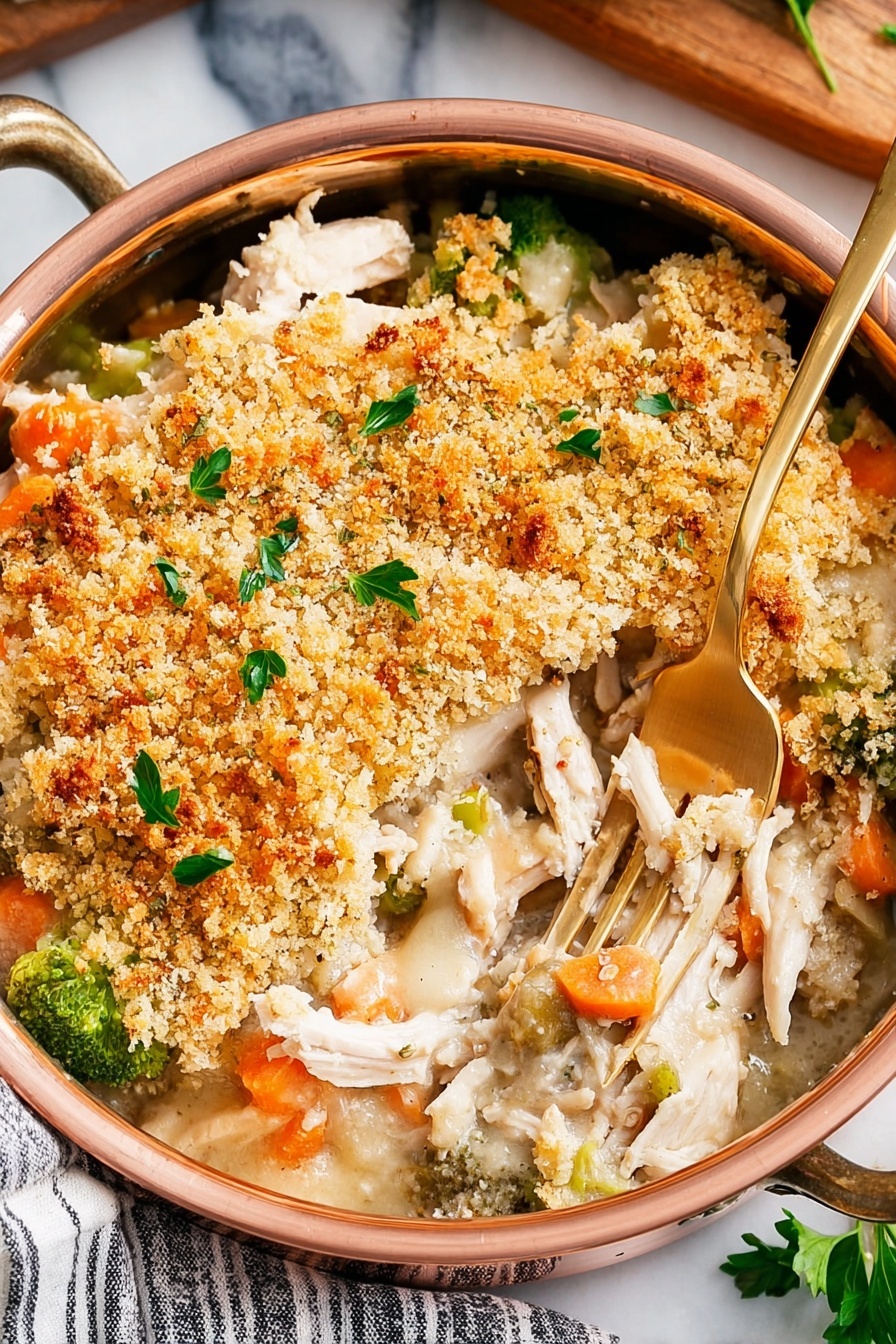A shiny copper bowl with two handles holds a creamy chicken and vegetable casserole. The dish has layers of white chicken pieces, bright orange carrot slices, small green broccoli bits, and a topping of golden brown crunchy breadcrumbs scattered unevenly. Green parsley leaves are sprinkled on top for color. A golden fork is lifting a tender piece of white chicken from the bowl. The bowl sits on a white marbled surface with a folded striped cloth nearby, and pieces of yellow cornbread are placed to the side. Photo taken with an iphone --ar 2:3 --v 7