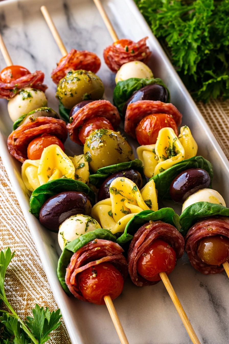 The image shows several skewers arranged side by side on a black rectangular plate over a white marbled textured surface covered partly with a striped beige cloth. Each skewer has five layers: at the bottom, there is a large green olive with herbs on top, followed by a folded piece of red salami. Above the salami, there is a small white mozzarella ball, then a fresh spinach leaf, topped by a bright red grape tomato, another folded piece of salami, a yellow tortellini with herbs, and finally a dark purple Kalamata olive at the top, all pierced by a wooden skewer. The colors are vivid and fresh, with clear details of herbs and seasoning on each ingredient. The photo taken with an iphone --ar 2:3 --v 7
