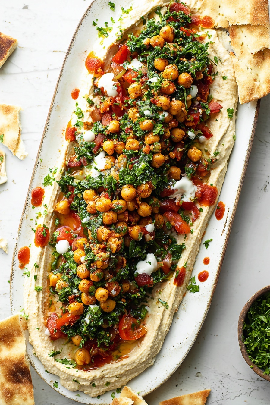 A long white plate holds a three-layer dish starting with a thick, smooth layer of light beige hummus spread evenly as the base. On top, there is a generous pile of golden-brown seasoned chickpeas mixed with fresh, vibrant green parsley and pieces of red tomatoes and onions, creating a colorful, fresh contrast. The dish is drizzled with two sauces: a creamy white sauce with herbs and a chunky red sauce, both scattered unevenly across the chickpeas and vegetables. A sprinkling of red spices adds small dots of color around the dish. Pieces of broken white pita bread are casually placed around on the white marbled surface. Photo taken with an iphone --ar 2:3 --v 7