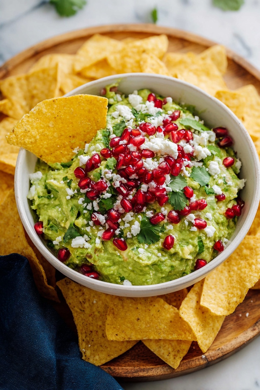 A bowl filled with bright green guacamole mixed with small bits of darker green, spread evenly to fill most of the bowl, topped with a sprinkling of white cheese crumbs and scattered fresh green cilantro leaves. Bright red pomegranate seeds are spread out across the top, adding a shiny contrast. One yellow corn chip is dipped into the guacamole, standing near the edge of the bowl. The bowl is white and placed on a wooden board with several yellow corn chips arranged around it. Some green cilantro sprigs lie on the board beside the bowl. The whole scene is set on a white marbled surface with a dark blue cloth partially visible near the board. Photo taken with an iphone --ar 2:3 --v 7
