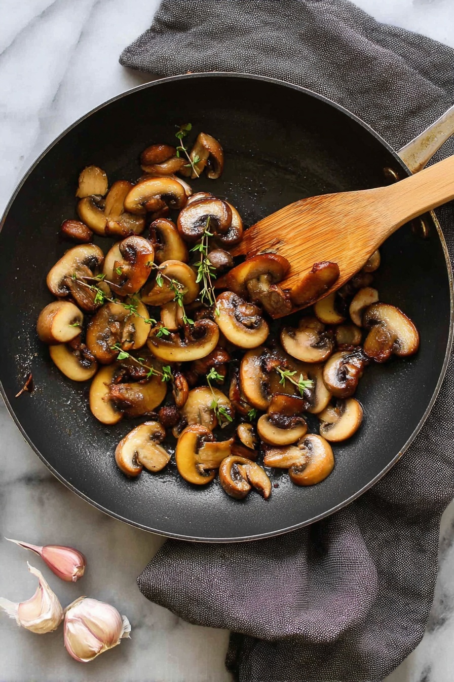 A black frying pan is filled with cooked brown mushroom slices and small whole mushrooms, with a few green thyme sprigs mixed in. A wooden spatula rests inside the pan, partially covering some mushrooms. The pan is placed on a white marbled surface with a dark gray cloth and a bulb of garlic nearby. The mushrooms have a shiny, cooked texture with golden-brown edges. photo taken with an iphone --ar 2:3 --v 7