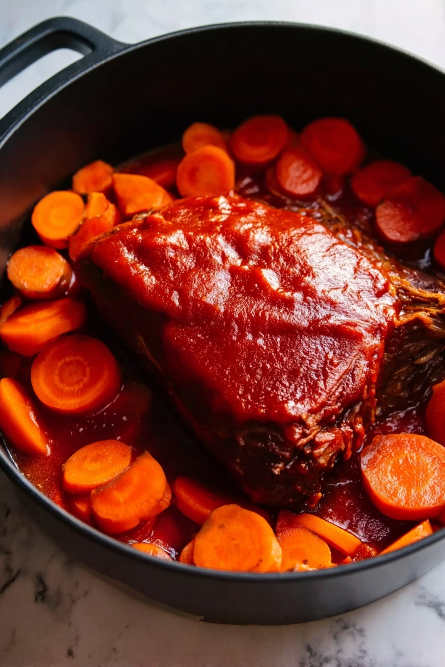 The image shows a black pot filled with a piece of cooked meat covered in a thick red sauce placed in the center. Around the meat, there are thick slices of bright orange carrots evenly spread. The surface under the pot is a white marbled texture. photo taken with an iphone --ar 2:3 --v 7