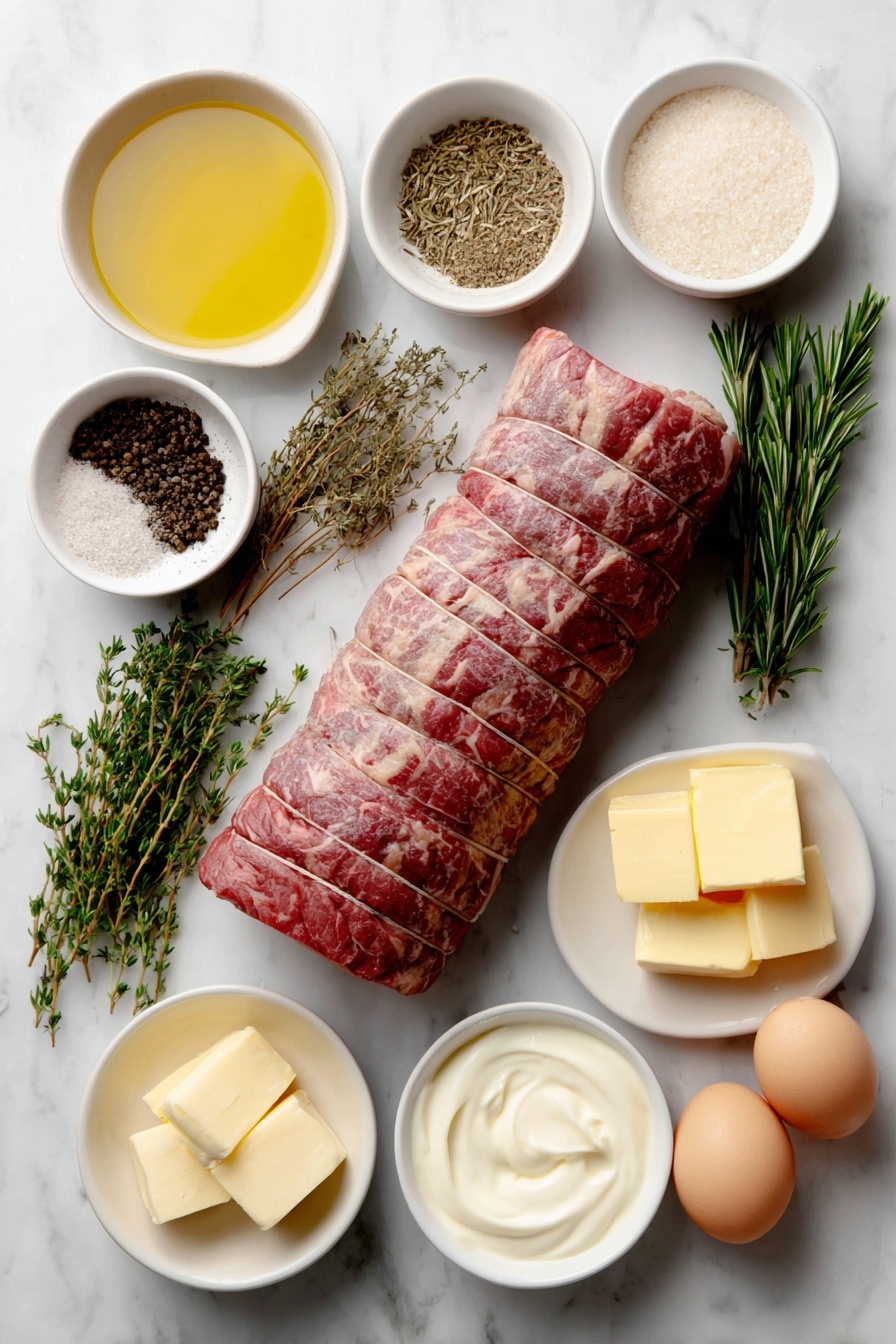 Flat lay of a whole raw beef tenderloin resting on a simple white ceramic plate, small white bowls containing dried oregano, dried thyme, dried rosemary, and garlic powder arranged symmetrically, two whole uncracked brown eggs beside fresh sprigs of rosemary and thyme, a small white bowl of olive oil, a small white bowl of butter, a small white bowl of sour cream, a small white bowl of mayonnaise, a small white bowl with coarse fresh ground black pepper, a small white bowl of salt, and a piece of fresh horseradish root, all placed on a clean white marble surface, soft natural light, photo taken with an iPhone, professional food photography style, fresh ingredients, white ceramic bowls, no bottles, no duplicates, no utensils, no packaging --ar 2:3 --v 7 --p m7354615311229779997