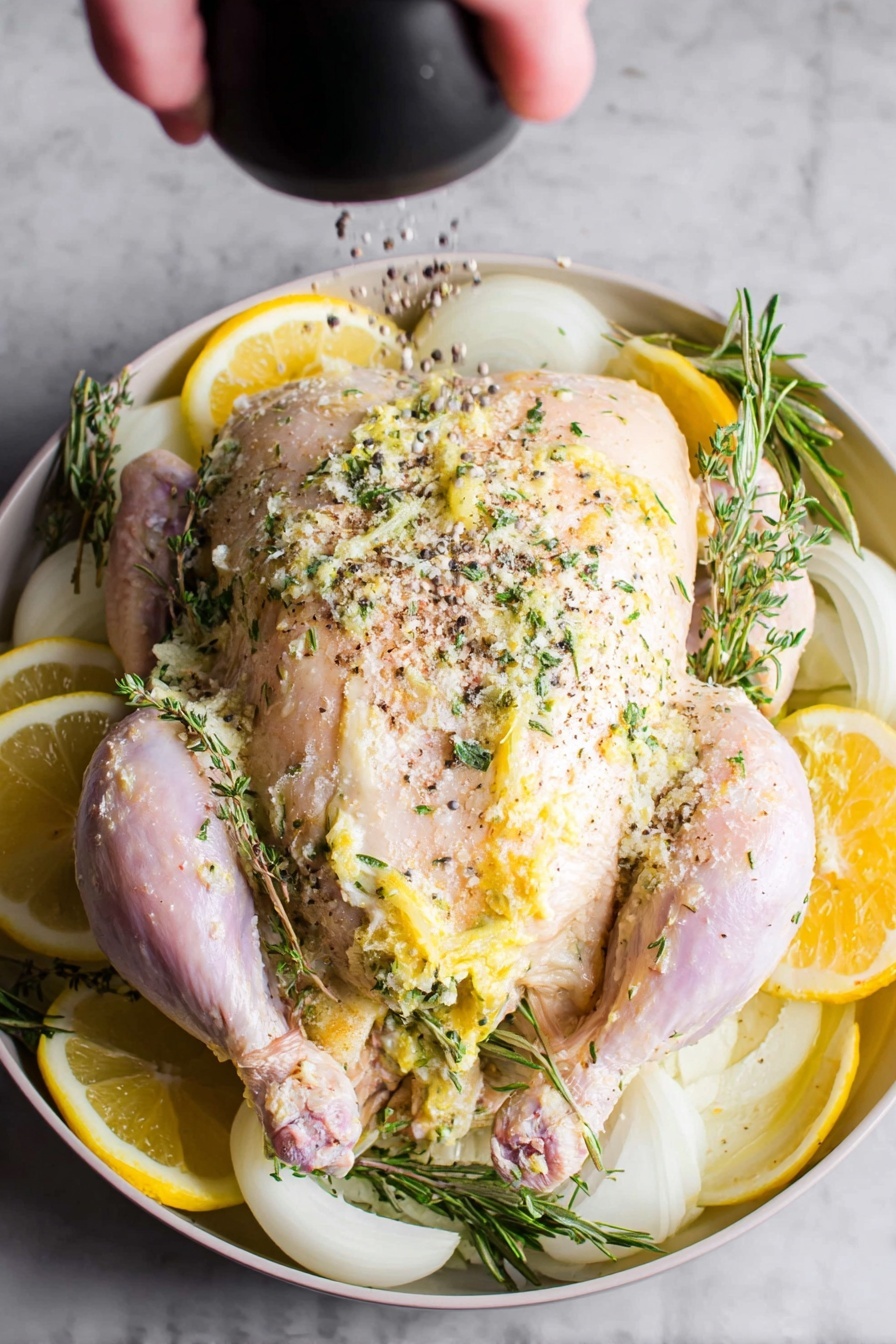 A whole raw chicken sits at the center of the image on a white marbled surface, surrounded by lemon slices and thick white onion wedges, with fresh green rosemary sprigs tucked underneath the chicken. The chicken is coated with a yellowish seasoning that has a slightly chunky texture with green herbs mixed in, and it is sprinkled with coarse salt and black pepper. A woman's hand holds a pepper grinder above the chicken, seasoning it further. The chicken's skin is pale with a slight sheen from the butter or oil used in the seasoning. photo taken with an iphone --ar 2:3 --v 7