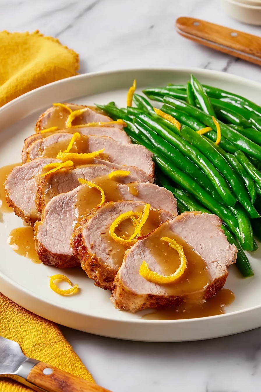 A white plate holds a neat row of seven slices of cooked meat with a golden brown crust and soft pink inside, each slice topped with glossy orange sauce and thin strips of orange zest. Next to the meat, a small pile of bright green steamed green beans is placed. The plate sits on a white marbled surface with a yellow cloth partially visible underneath. A glass with amber liquid and a white plate with food are blurred in the background. A fork with a wooden handle rests beside the plate. photo taken with an iphone --ar 2:3 --v 7
