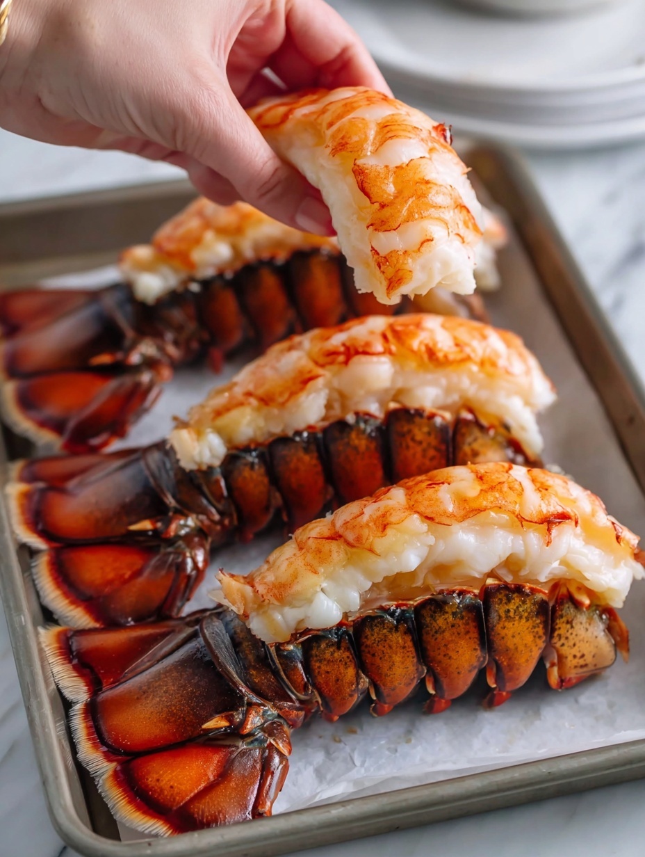 A close-up image shows a woman's hand holding a large lobster tail with its shell split open to reveal the cooked lobster meat inside. The lobster meat has a shiny, slightly translucent white and orange color with some grilled marks on top. There are two more lobster tails in the background on a white marbled surface, each showing a similar texture and colors, with the shells dark brown and orange. The whole scene appears fresh and juicy, focusing on the rich texture of the lobster meat. Photo taken with an iphone --ar 2:3 --v 7