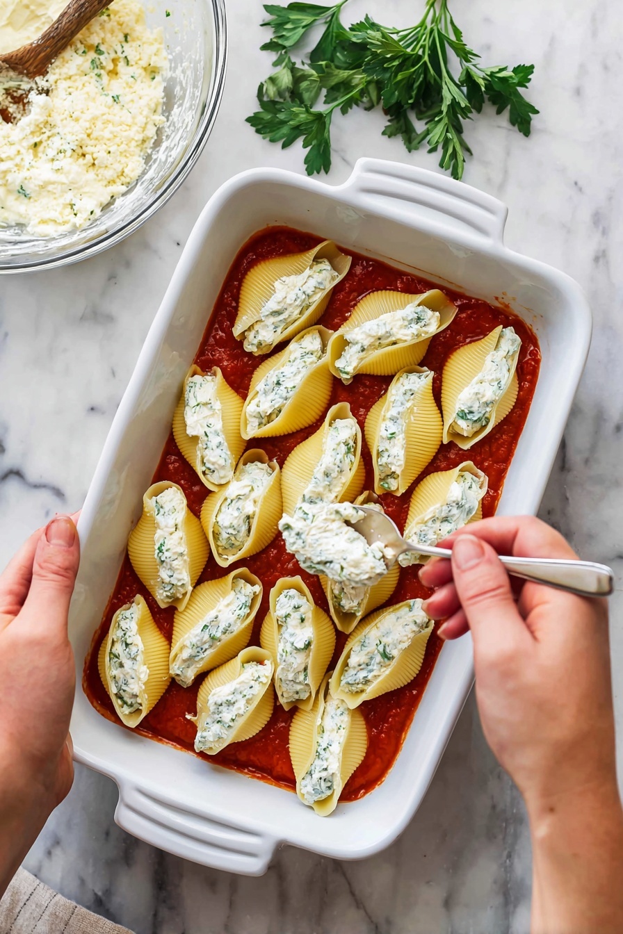 A white baking dish sits on a white marbled surface, filled with bright red tomato sauce as the bottom layer. On top are eight large yellow pasta shells laid out neatly in two rows. The shells are being filled with a white creamy cheese mixture containing green herb bits, visible both inside the shells and in a clear glass bowl to the side. A woman's left hand holds a shell steady while the woman's right hand uses a spoon to scoop and fill the shell with the cheese mixture. A few green parsley leaves rest loosely on the surface around the dish. Photo taken with an iphone --ar 2:3 --v 7