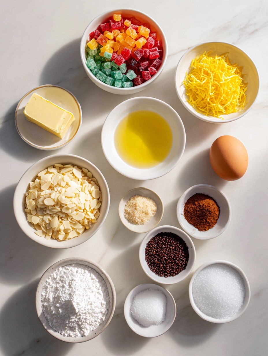 Flat lay of candied fruit pieces finely diced, a small pile of chopped whole almonds, a small white bowl with clear dry sherry, a small white bowl with freshly squeezed lemon juice, a few strips of bright yellow lemon zest, a small pinch of fine salt on white ceramic dish, a mound of all-purpose flour, a small heap of mixed spice powder, a neat pile of fine salt, a slab of pale yellow butter at room temperature, a small pile of white granulated sugar, a small heap of dark brown sugar, one whole large brown egg with an uncracked shell all arranged symmetrically on simple white ceramic dishes and bowls placed on a clean white marble surface, soft natural light, photo taken with an iPhone, professional food photography style, fresh ingredients, white ceramic bowls, no bottles, no duplicates, no utensils, no packaging --ar 2:3 --v 7 --p m7354615311229779997