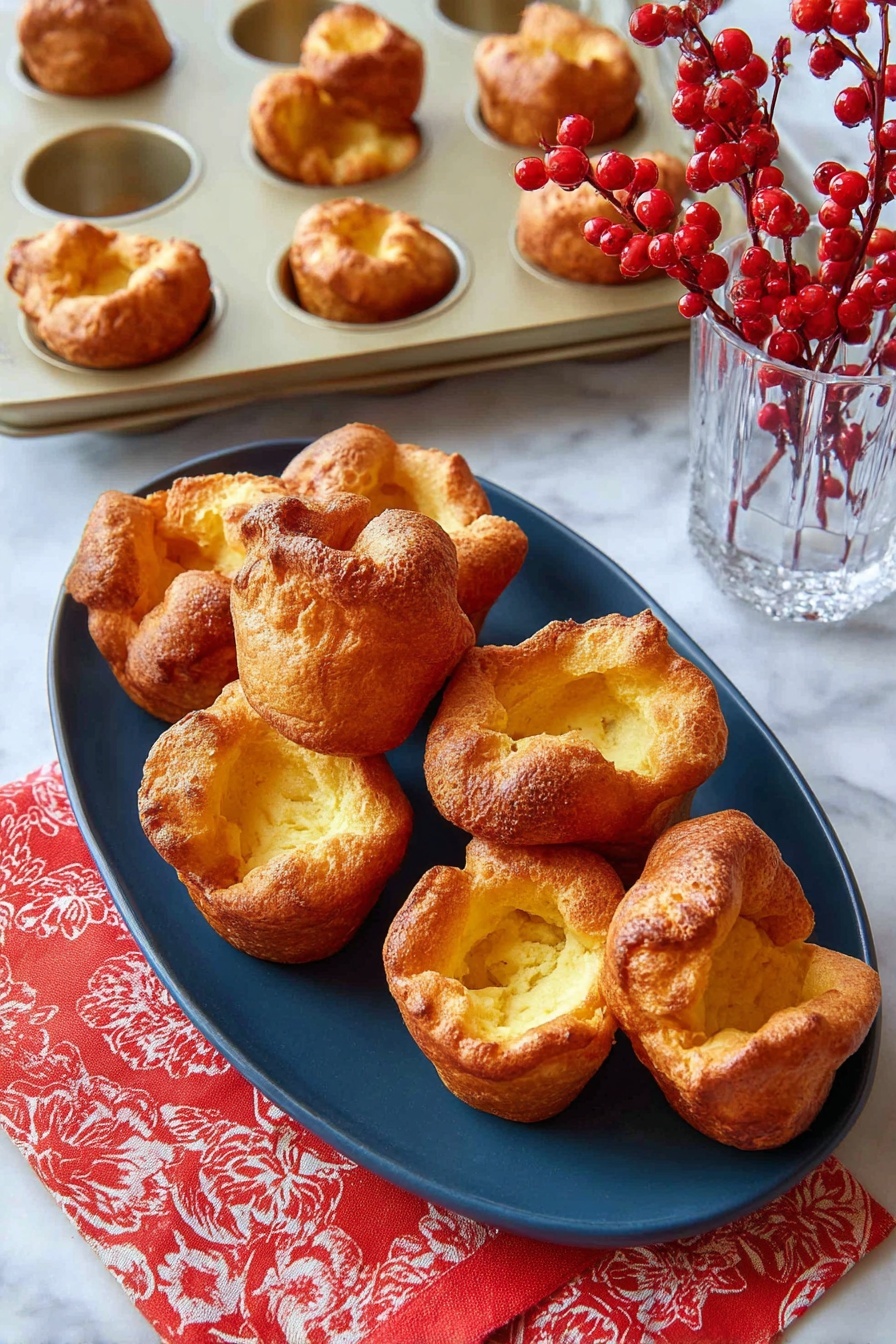 Seven golden brown Yorkshire puddings with puffy, uneven tops and hollow centers are arranged on a large oval dark blue plate in the center. Behind the plate is a metallic beige muffin tray holding five more Yorkshire puddings with similar textures. To the right, a small clear glass holds thin branches with bright red berries. A red patterned cloth is partially visible on the left side of the image. All the items are set on a white marbled surface. photo taken with an iphone --ar 2:3 --v 7