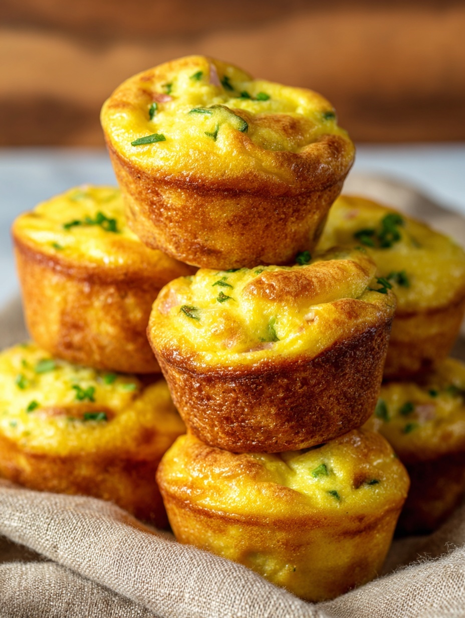 The image shows a stack of six egg muffins arranged closely together on a light brown cloth with a white marbled background visible. Each muffin has a golden brown top with a slightly uneven and bubbly texture, indicating they are baked. The sides of the muffins are a darker golden brown with a firm texture. Inside the muffins, there are small pieces of green vegetables and bits of ham, giving a colorful contrast to the yellow egg base. The muffins look soft and fluffy with a lightly crisp outside. Photo taken with an iphone --ar 2:3 --v 7