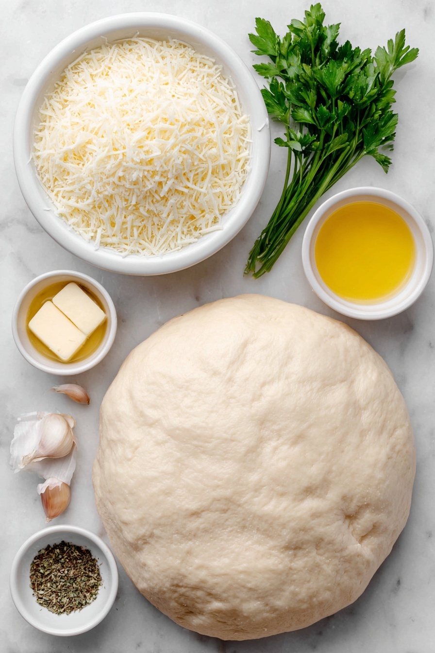 Flat lay of a ball of fresh pizza dough, a small mound of grated parmesan cheese, two whole brown garlic cloves, a small white bowl of melted butter, a pinch of coarse salt crystals, a small white bowl filled with chopped dried parsley, and a small white bowl with Italian seasoning placed on a clean white marble surface, soft natural light, photo taken with an iPhone, professional food photography style, fresh ingredients, white ceramic bowls, no bottles, no duplicates, no utensils, no packaging --ar 2:3 --v 7 --p m7354615311229779997