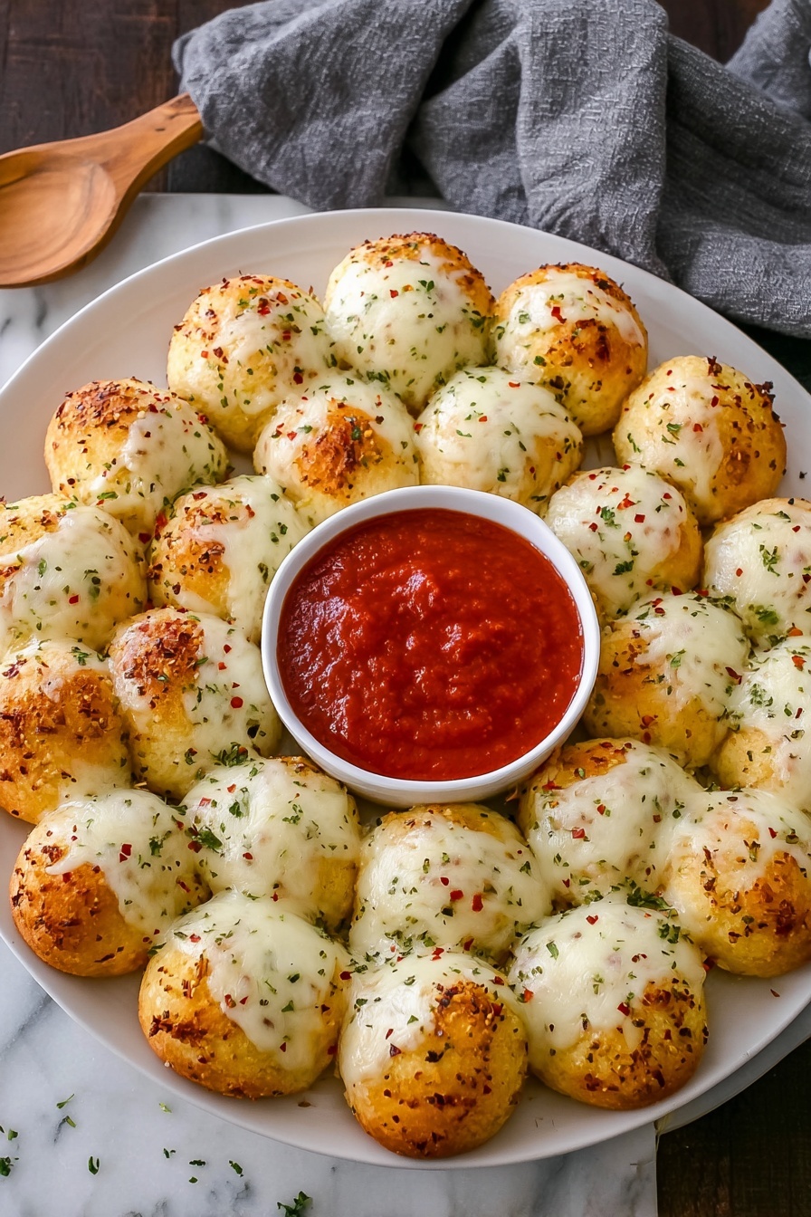 A round white plate holds 16 golden-brown dough balls arranged in a circular flower shape, each topped with melted white cheese sprinkled with green herbs and small red flakes. In the center of the plate is a white scalloped bowl filled with bright red marinara sauce. One dough ball is being pulled away by a woman's hand from the lower right corner, stretching melted cheese strings connecting it to the others. The plate sits on a white marbled surface with a light gray cloth nearby and a wooden board in the background. photo taken with an iphone --ar 2:3 --v 7