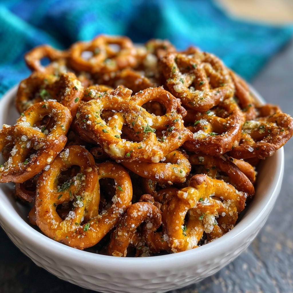 A rustic brown bowl filled with several layers of curly, golden brown pretzel snacks covered with a light dusting of white seasoning and small green herb flakes, placed on a white marbled surface with a few pretzels scattered around the bowl and a soft blue cloth in the blurred background, showing a close-up view of the crisp texture and coating on the pretzels, photo taken with an iphone --ar 2:3 --v 7