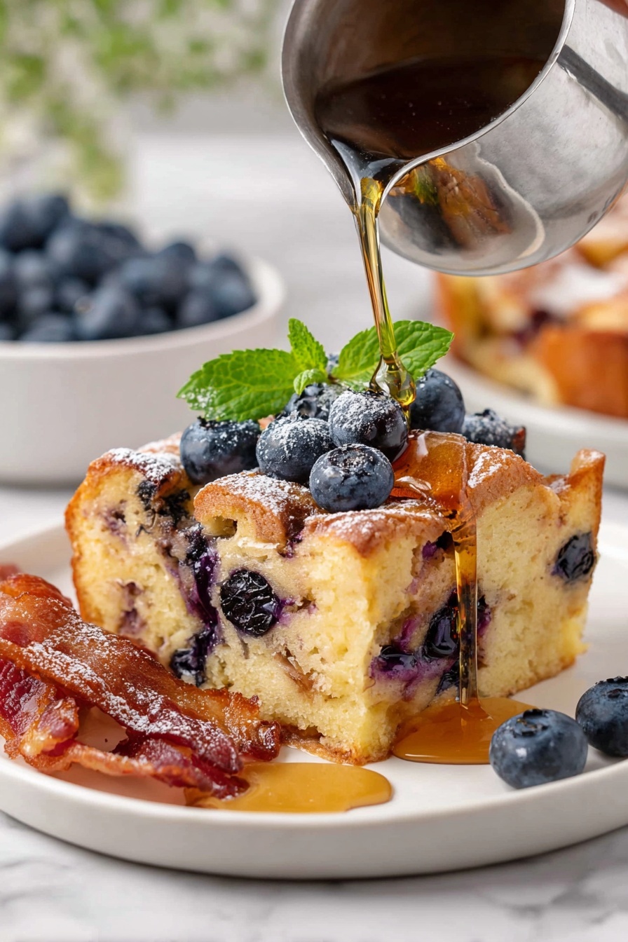 A square piece of golden brown baked French toast sits centered on a white plate with a slightly raised edge. The toast is thick and fluffy with visible dark purple blueberry pockets baked inside. On top, there's a mix of whole blueberries and small green mint leaves, dusted lightly with white powdered sugar. A shiny metal syrup pourer held by a woman's hand pours amber syrup gently over the toast, creating a drip down the front and a small puddle forming on the plate. A single fresh blueberry rests on the plate's edge. The background features a white marbled surface with a blurred bowl full of blueberries and some crispy bacon strips on a separate white plate. photo taken with an iphone --ar 2:3 --v 7