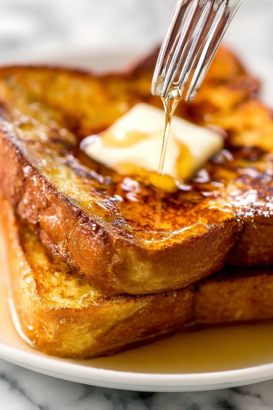 Two thick slices of golden brown French toast are stacked on a white plate. The top slice has a small square of melting butter in the center, with syrup glossy and dripping over the edges. A fork pierces the toast from the top right, catching the syrup and butter. The toast surface is textured with a crisp, caramelized look, and the background has a soft, white marbled texture. photo taken with an iphone --ar 2:3 --v 7