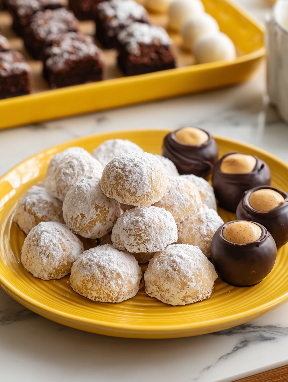 The image shows a white plate with two groups of round cookies. On the left side, there are light beige cookies covered with a thick layer of white powdered sugar, giving them a soft, powdery look. These cookies have a rough, slightly cracked surface. On the right side, the cookies are dark chocolate coated with a smooth, shiny texture, revealing a small beige center on top. The plate sits on a white marbled surface. Photo taken with an iphone --ar 2:3 --v 7