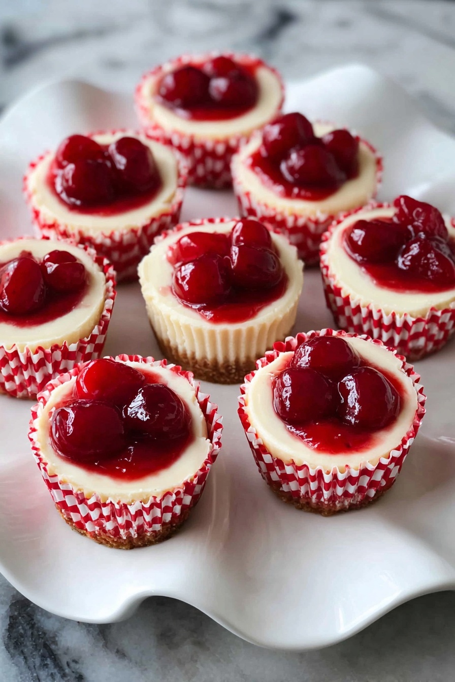 There are seven small desserts placed on a white, wavy-edged cake stand, each in a white paper cup with red checkered and zigzag patterns. Each dessert has three layers: the bottom layer is a light creamy white base, the middle layer is a crumbly crust barely visible inside the cup, and the top layer is a shiny, dark red cherry topping with whole cherry pieces that look juicy and glossy. The background is a white marbled texture with a dark area behind the stand, giving a nice contrast. photo taken with an iphone --ar 2:3 --v 7