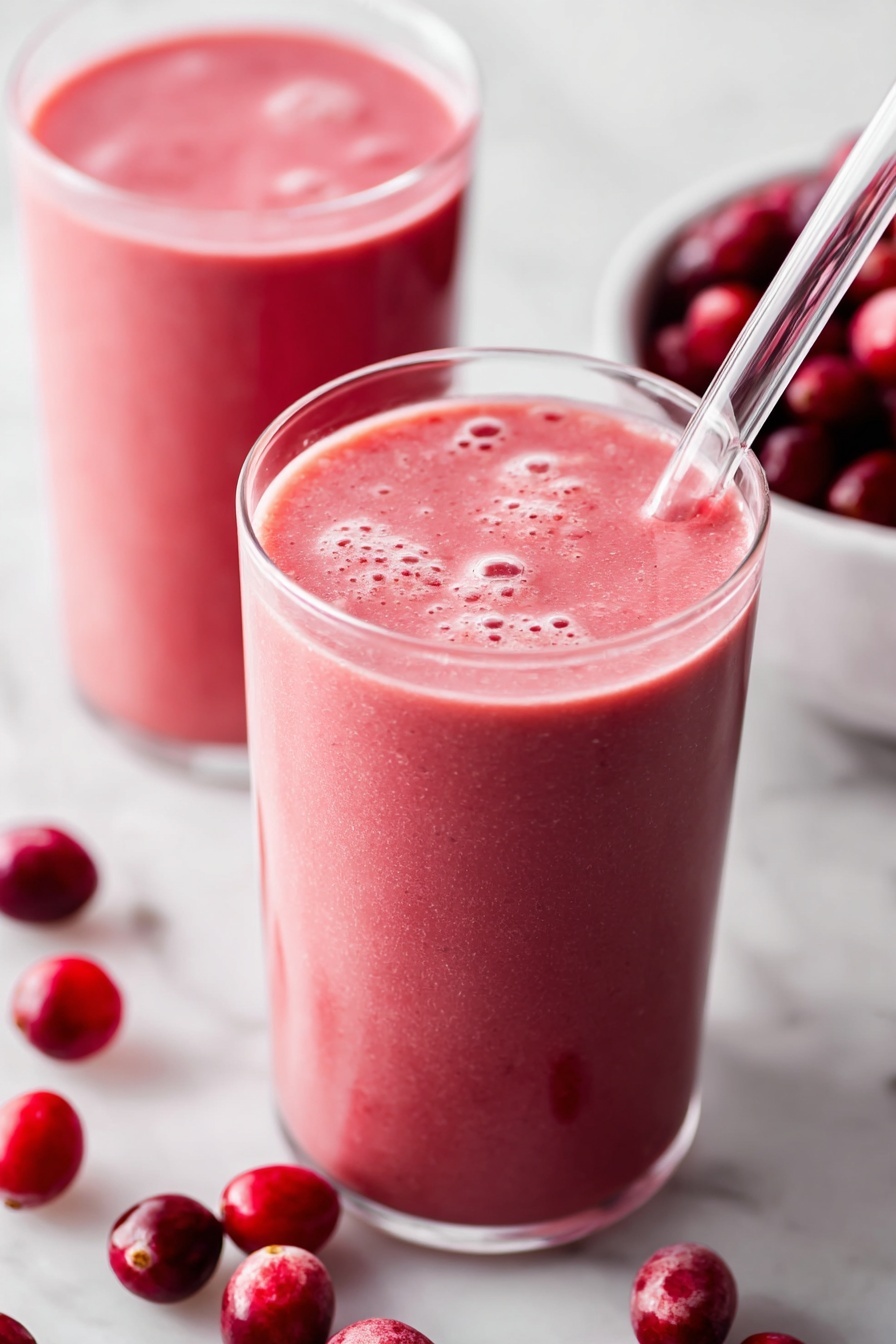 A clear glass holds a pink smoothie with a smooth, slightly frothy texture and tiny bubbles on top, filled almost to the brim. A clear glass straw is placed inside the glass, angled slightly to the left. Behind it, there is a larger clear glass container filled with the same pink smoothie. Around the drinks, there are whole and halved fresh cranberries scattered on a white marbled surface, adding a pop of red and dark red colors. A white cloth is placed on the right side, partially visible. Photo taken with an iphone --ar 2:3 --v 7