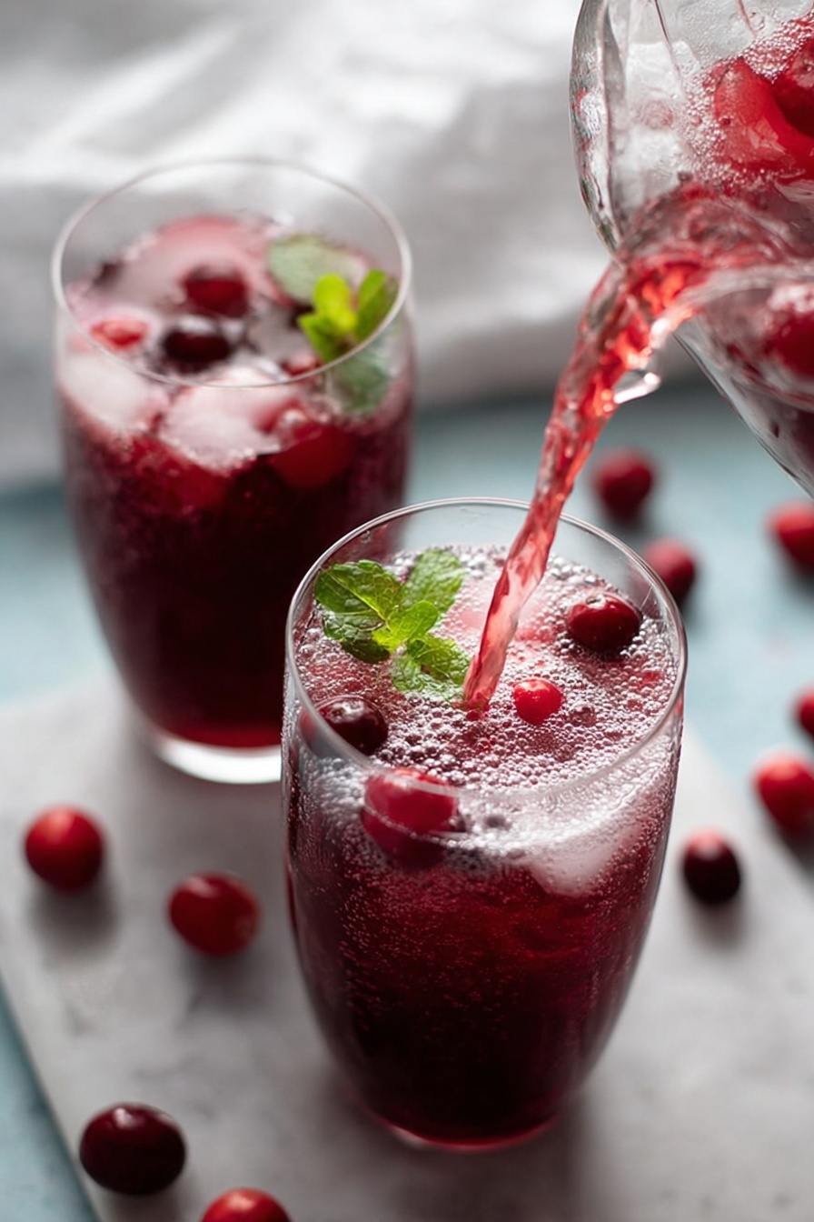 Two clear glasses are filled with a reddish bubbly drink, each topped with small whole cranberries floating on the surface. A bright green lime wedge rests on the edge of each glass. To the upper right, there is a white pitcher also filled with the same red drink, visible through the glass. Scattered red cranberries lie on the light blue surface around the glasses, with a textured white cloth folded nearby on the left. The whole scene is placed on a white marbled textured background. Photo taken with an iphone --ar 2:3 --v 7