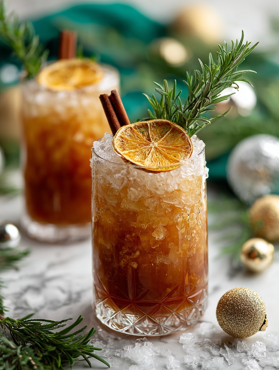 A clear tall glass filled with a three-layered drink sits on a white marbled surface scattered with white fake snow and green cloth decorated with small gold and silver Christmas ornaments. The bottom layer is a light brown mix with a slightly grainy texture. The middle layer is a warm amber liquid with a large orange slice inside, its edges darkened with spice. The top layer is clear with ice cubes, topped with a cinnamon stick and fresh green rosemary sprigs standing vertically. In the background, there is a similar glass, and soft beige tones create a cozy atmosphere. Photo taken with an iphone --ar 2:3 --v 7