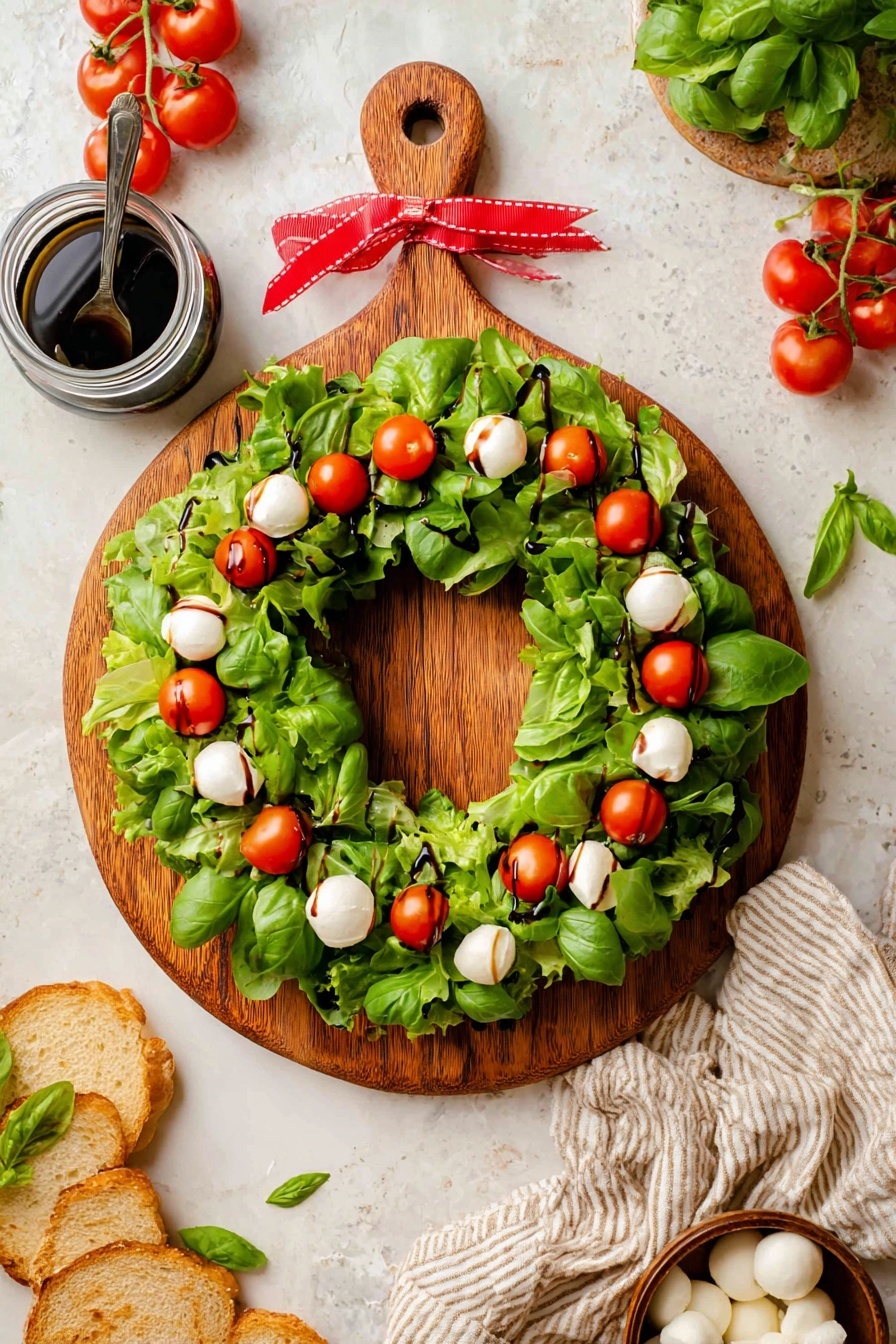 A round wooden board with a handle tied with a red cloth ribbon holds a wreath-shaped salad. The salad wreath has two layers: a base of mixed green leafy vegetables including arugula and basil, and a top layer with bright red cherry tomatoes and small white mozzarella balls scattered evenly around. Some balsamic glaze drizzles add dark spots on the greens and cheese. Around the board are a small white bowl of mozzarella balls, grilled bread slices, a jar of dark balsamic vinegar with a spoon inside, and a striped beige cloth, all placed on a white marbled surface. Photo taken with an iphone --ar 2:3 --v 7