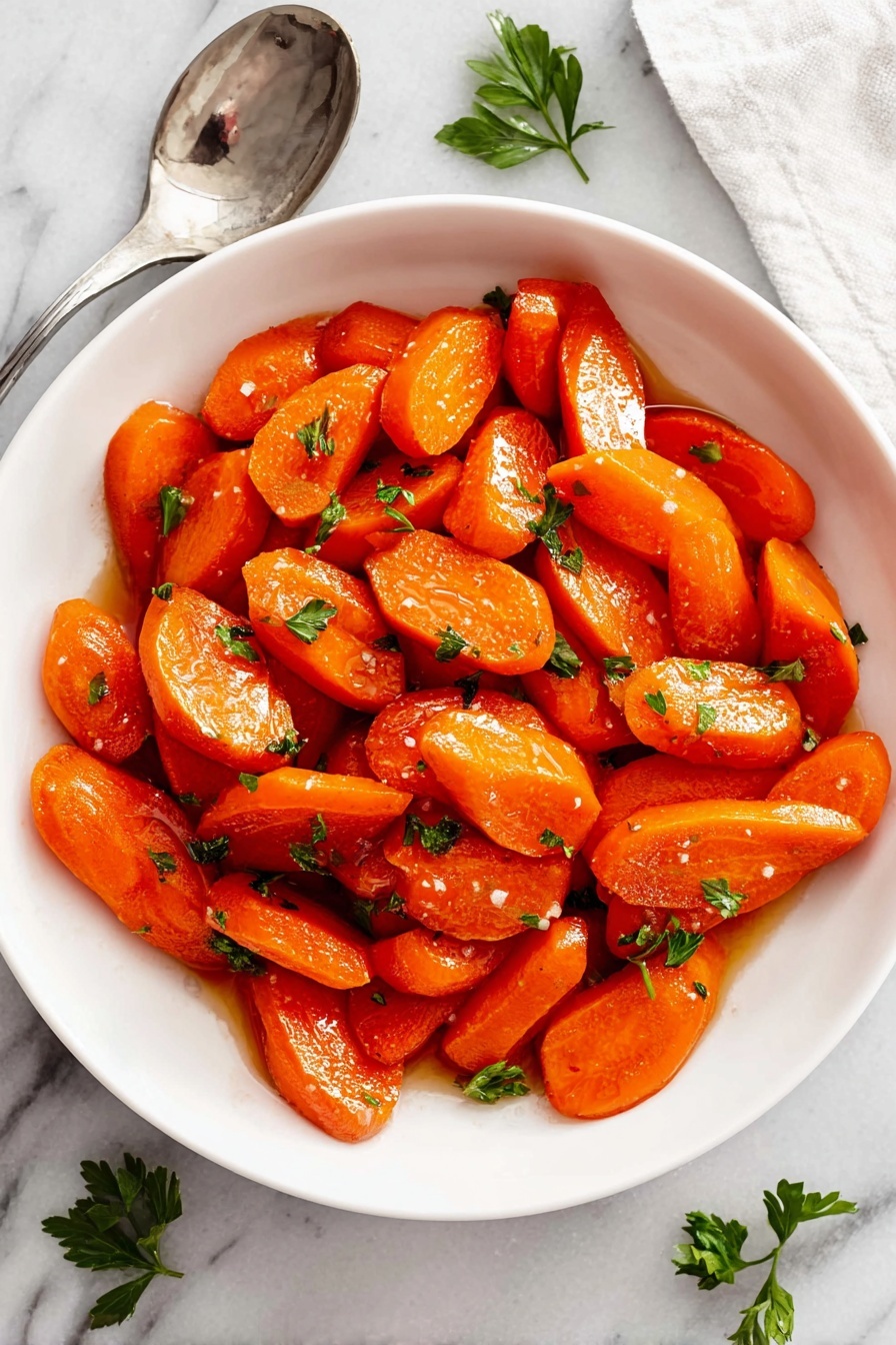 This image shows a white round bowl filled with about two layers of cooked carrots. The carrots are cut into thick, uneven oval shapes and have a shiny, orange-glazed look. Small green parsley leaves are scattered on top and among the carrots, adding a fresh touch. The bowl is placed on a white marbled surface with some parsley sprigs near the top right. A silver spoon and white cloth are partially visible near the bottom right. The lighting is bright, emphasizing the warm colors of the carrots. photo taken with an iphone --ar 2:3 --v 7