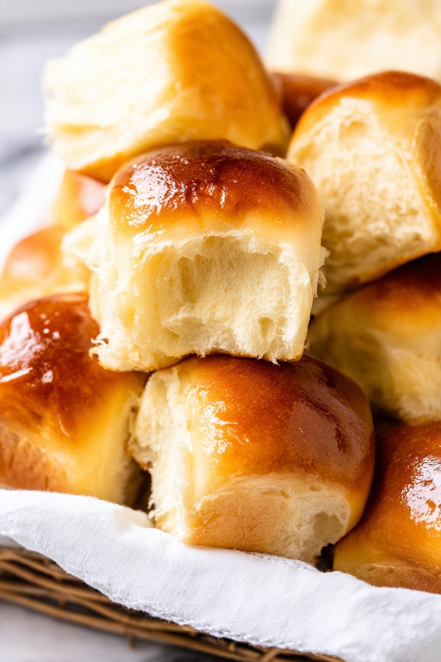 The image shows a close-up of a basket filled with small golden brown dinner rolls that have a shiny, glazed top and soft, fluffy inside. Most rolls are whole, but a few are torn open to show their light, airy texture. The basket is on a white marbled surface, and the background is softly blurred to keep the focus on the rolls. photo taken with an iphone --ar 2:3 --v 7