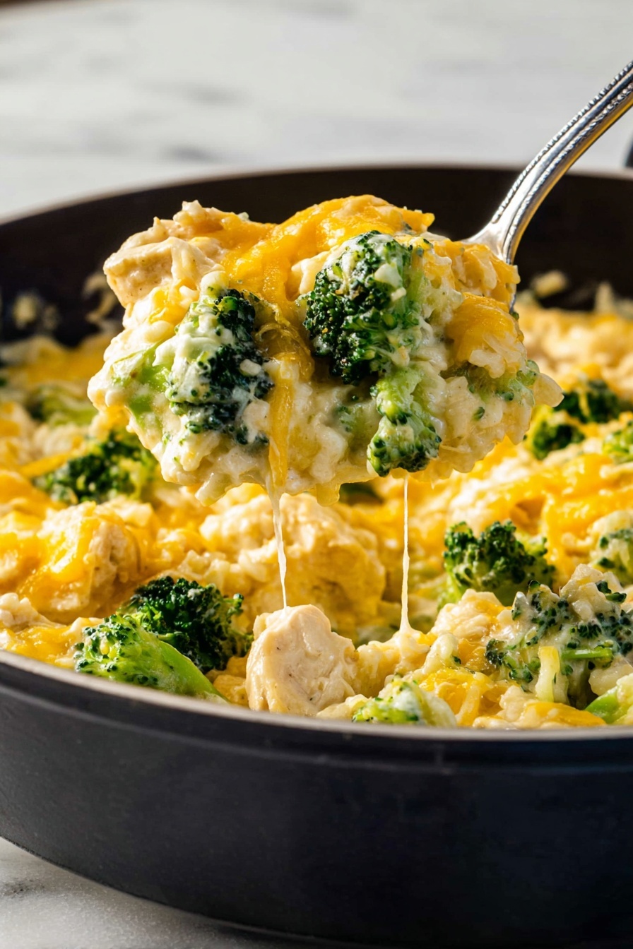 A close-up image shows a creamy casserole in a round black pan on a white marbled surface. The dish has multiple layers with chunks of white chicken mixed with pieces of bright green broccoli spread evenly throughout. There is a rich, melted layer of yellow and white cheese covering the top, creating a smooth and slightly bubbly texture. Finely chopped green herbs sprinkle over the dish. A silver spoon is scooping a portion from the pan, showing the mix of chicken, broccoli, and cheese inside. photo taken with an iphone --ar 2:3 --v 7