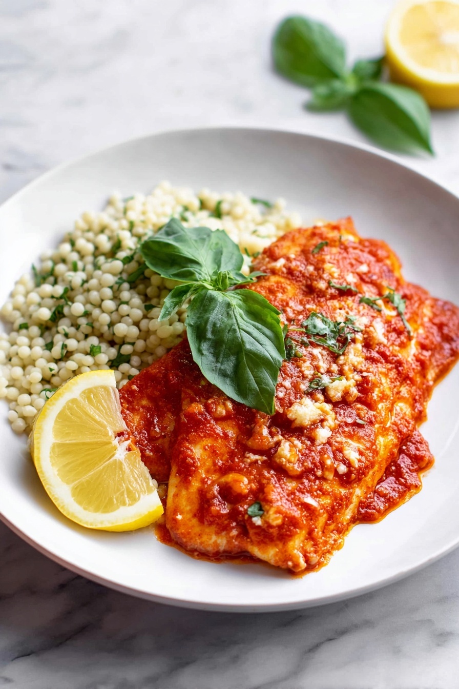 A white plate sits on a white marbled surface, holding a dish with two main parts. The larger part is a piece of salmon covered in a thick, creamy orange-red sauce with a slightly rough texture from spices, topped with small sprinkles of grated cheese and a bright green basil leaf in the center. The smaller part beside it consists of small round pearl couscous, pale cream in color, with tiny green herb pieces mixed in. A lemon wedge with a bright yellow color rests slightly on the couscous and leans towards the edge of the plate. In the background on the top right, a lemon wedge and a small green basil leaf lie on the white marbled surface. Photo taken with an iphone --ar 2:3 --v 7