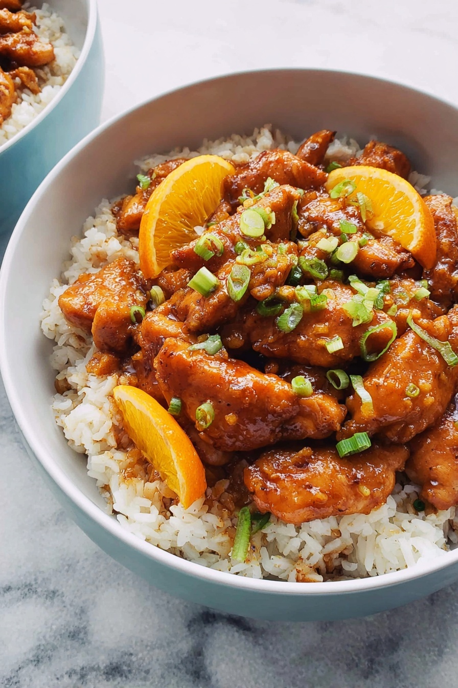 The dish is served in a white bowl with a base layer of white rice showing a soft and fluffy texture. On top, there are several pieces of cooked brown meat coated in a shiny orange glaze. Orange slices are interspersed among the meat, adding bright orange color and fresh texture. Small green onion pieces are sprinkled over the top, adding a fresh green contrast. The bowl is placed on a white marbled surface that adds a clean and elegant look to the presentation. photo taken with an iphone --ar 2:3 --v 7