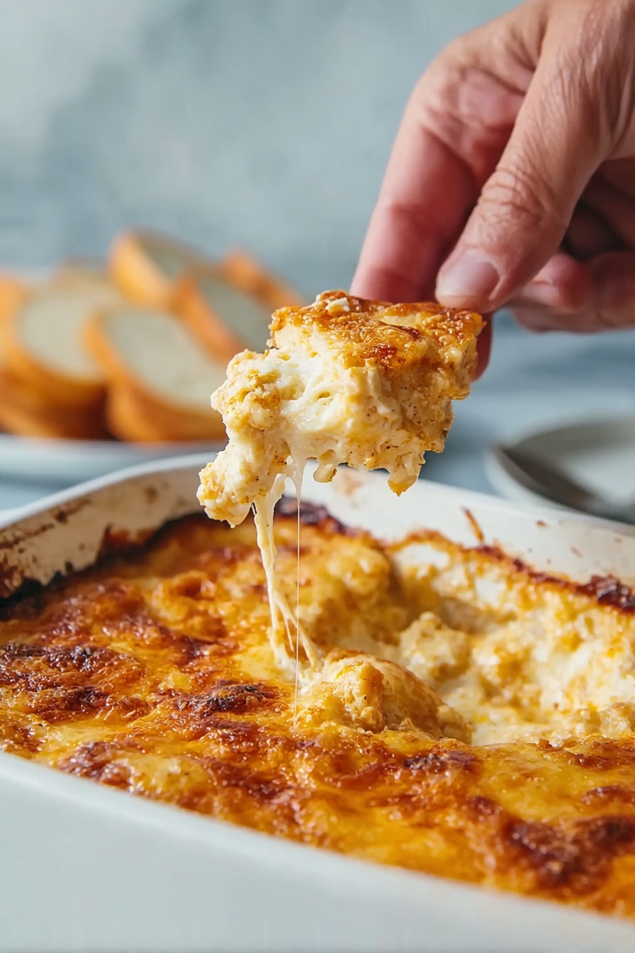 A woman's hand is holding a piece of cheesy baked dish with a golden brown, slightly crispy top layer. The piece shows creamy, melted cheese inside with a rich yellow-orange color, dripping slightly. In the background, there is a white baking dish filled with the same cheesy, creamy layered food, standing on a white marbled surface. The top layer looks browned and bubbly with some darker spots from baking. Photo taken with an iphone --ar 2:3 --v 7
