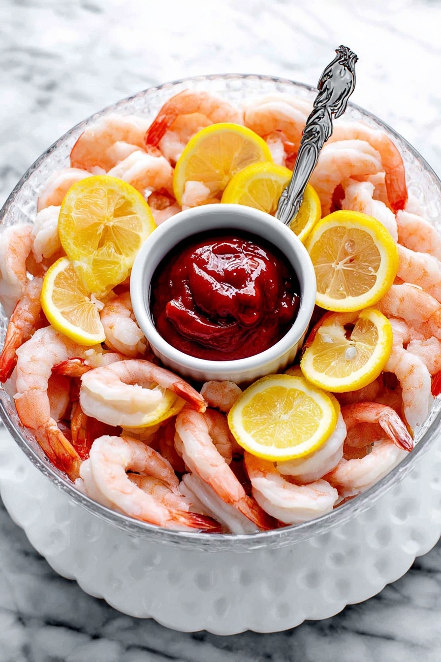 A white oval plate holds a pile of pink and white cooked shrimp arranged on a bed of clear ice cubes, with bright yellow lemon wedges placed evenly around the edge of the plate. In the center, a small white bowl filled with thick dark red cocktail sauce is surrounded by the shrimp. The plate sits on a white marbled surface. photo taken with an iphone --ar 2:3 --v 7