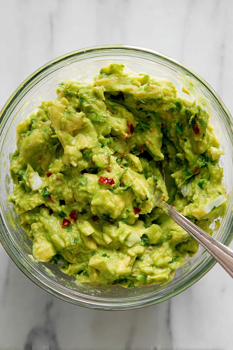 A clear glass bowl filled with freshly mashed avocado mixed with small chunks of white onion and bits of red chili, giving it a textured appearance with specks of green herbs throughout. The mashed mixture is thick and creamy with slight unevenness, showing its homemade style. A silver spoon rests inside the bowl, partially submerged in the guacamole. The bowl sits on a white marbled surface. photo taken with an iphone --ar 2:3 --v 7