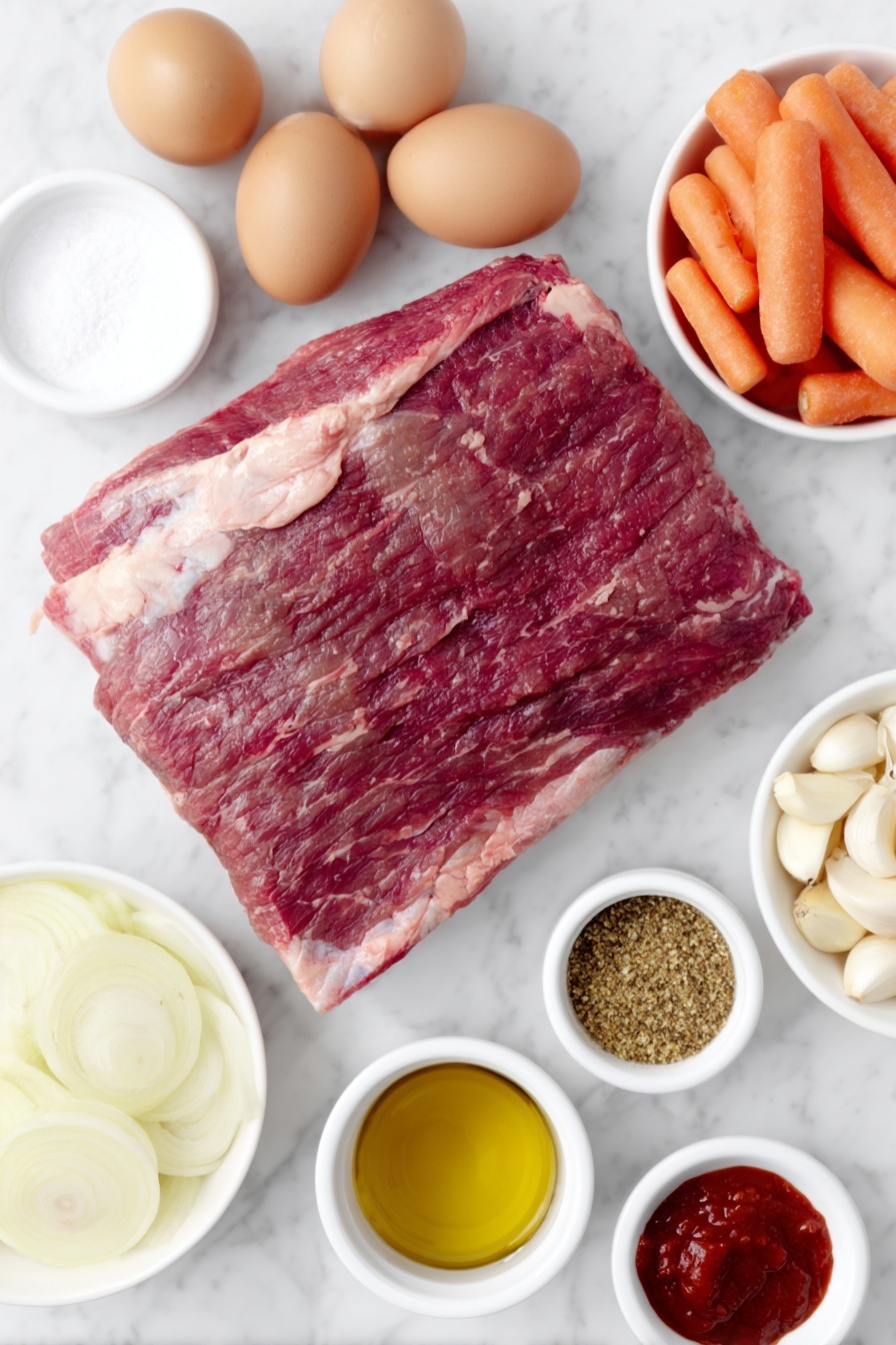 Flat lay of a whole raw beef brisket with a thin layer of fat, a small white ceramic bowl filled with coarse kosher salt, freshly ground black peppercorns scattered neatly, a few tablespoons of golden vegetable oil in a small white bowl, several medium yellow onions halved and sliced into thick rings, six whole peeled garlic cloves, a small white bowl with rich red tomato paste, and a pile of thick peeled and trimmed carrot chunks, all arranged with perfect symmetry on a clean white marble surface, soft natural light, photo taken with an iPhone, professional food photography style, fresh ingredients, white ceramic bowls, no bottles, no duplicates, no utensils, no packaging --ar 2:3 --v 7 --p m7354615311229779997