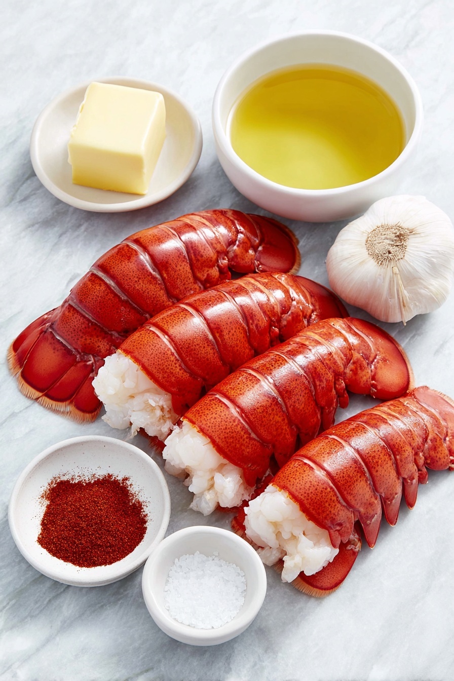 Flat lay of four fresh lobster tails with vibrant red shells and creamy white meat exposed, a small white bowl filled with melted golden salted butter, two whole uncracked brown garlic cloves, a small white bowl containing bright yellow lemon juice, a small white bowl with deep red smoked paprika powder, and a small white bowl holding fine red cayenne pepper powder, all arranged symmetrically with perfect balance on a clean white marble surface, soft natural light, photo taken with an iPhone, professional food photography style, fresh ingredients, white ceramic bowls, no bottles, no duplicates, no utensils, no packaging --ar 2:3 --v 7 --p m7354615311229779997